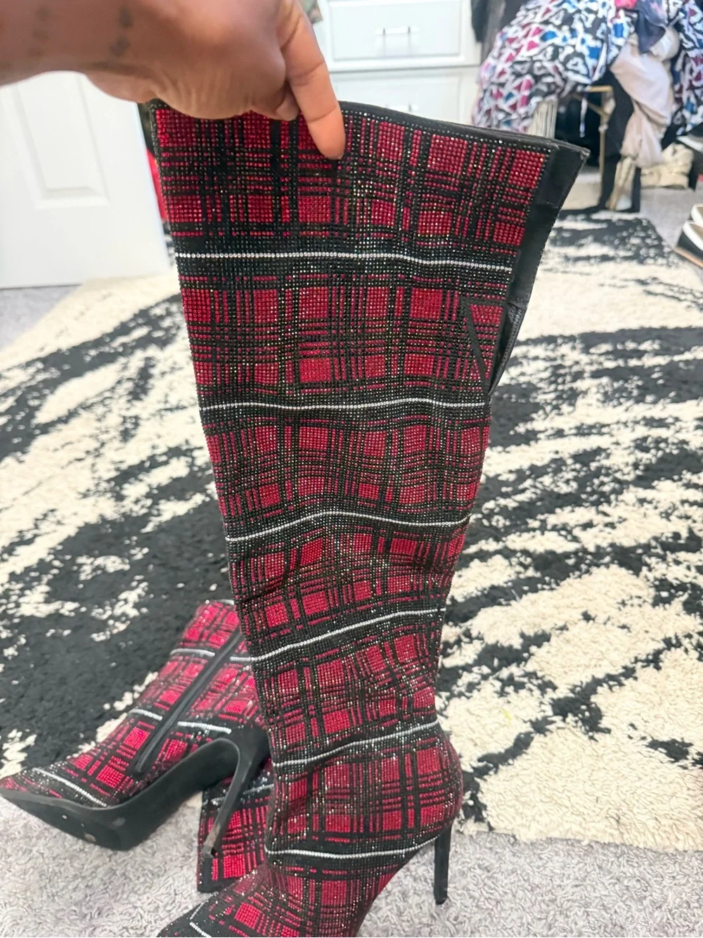 INC International Concepts Red Black Plaid Over-the-Knee Stiletto Boots